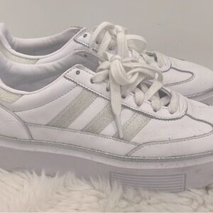 Adidas Women's White Glitter Sneakers with Silver Stripes